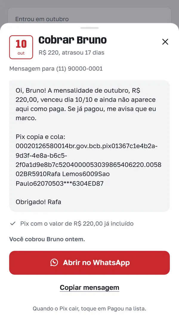 Folha Cobrar Bruno: mensagem pronta com R$ 220,00, vencimento 10/10, Pix copia e cola com o valor e o botão Abrir no WhatsApp. Dados de demonstração.