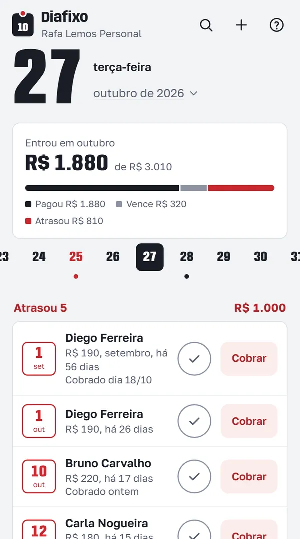 Tela Este mês de outubro: entrou R$ 1.880 de R$ 3.010, barra com Pagou, Vence e Atrasou, e o grupo Atrasou com 5 mensalidades. Dados de demonstração.